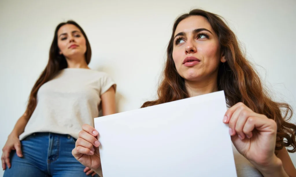 Dos mujeres, una sostiene una hoja en blanco y mira hacia un costado