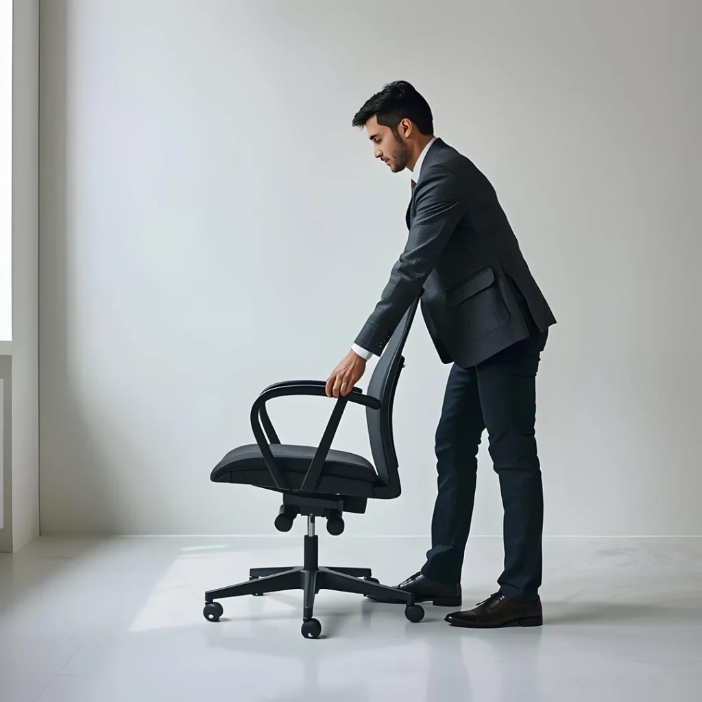 Hombre de pie ajustando la altura de una silla de oficina en una oficina moderna y luminosa