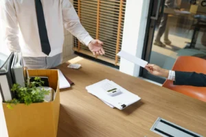 Persona de traje entrega un sobre blanco sobre un escritorio a un colaborador de camisa y corbata, junto a una caja de cartón con sus pertenencias