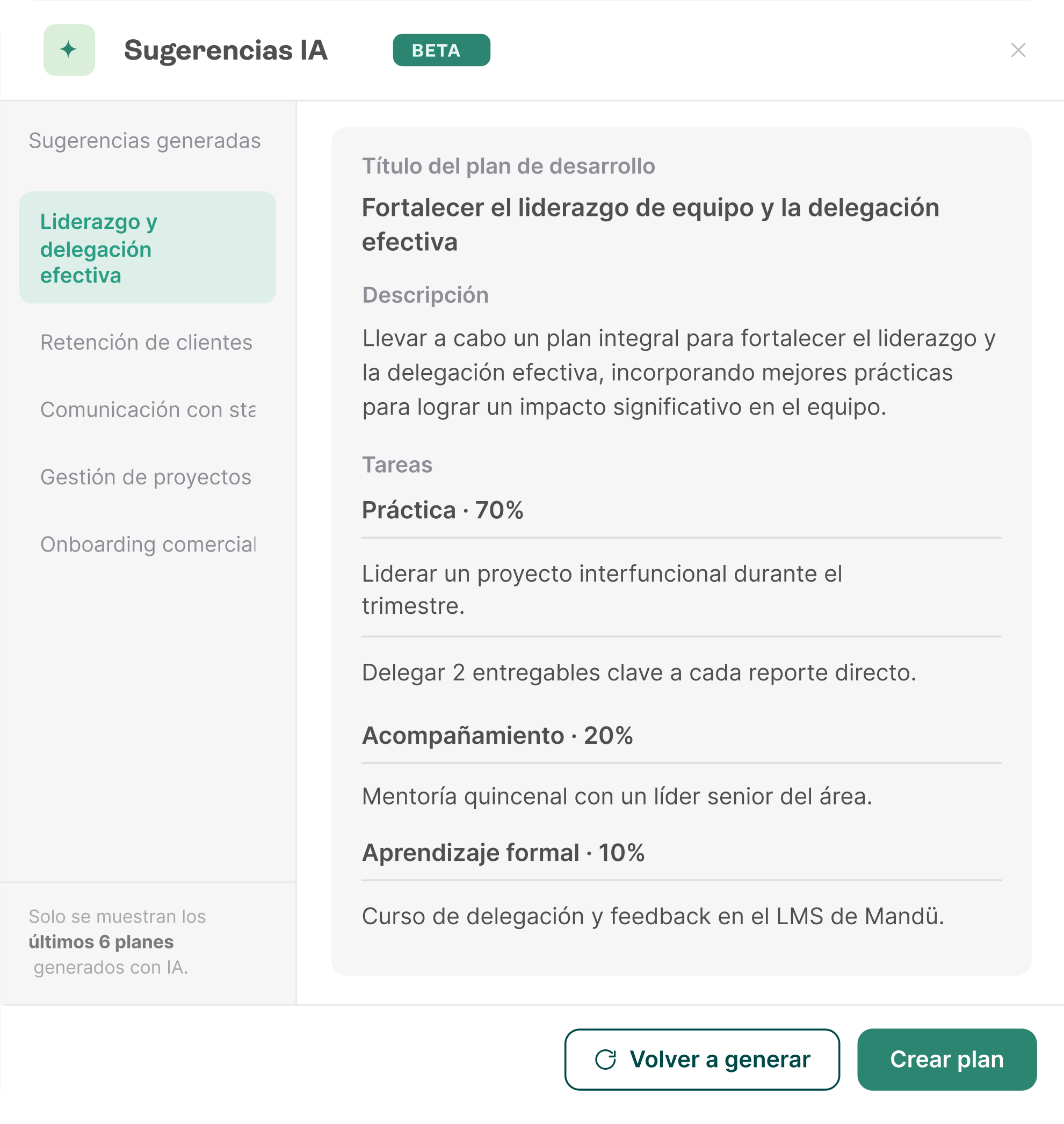 Plan de desarrollo individual con IA en Mandü, con modelo 70-20-10