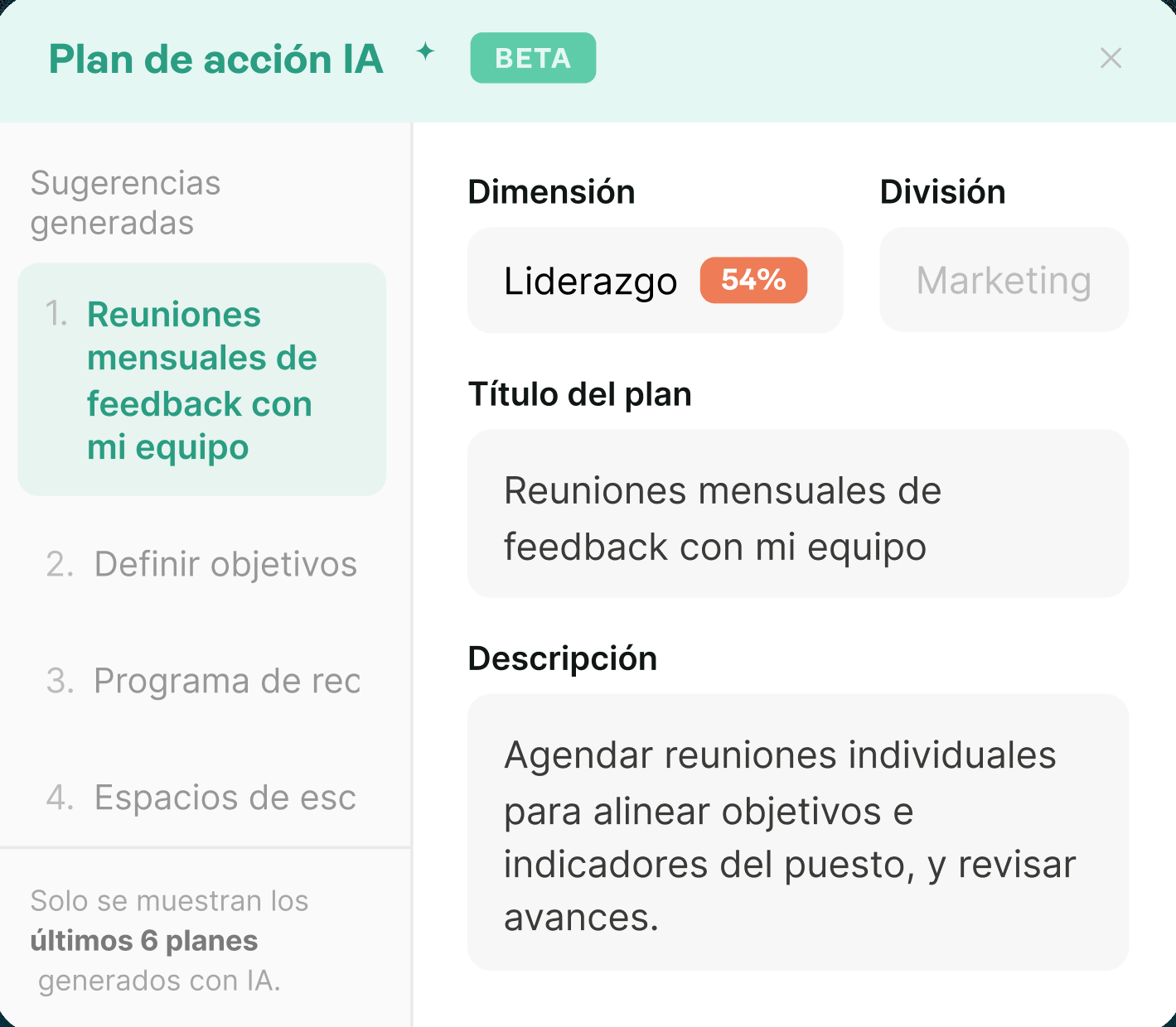 La IA genera una sugerencia de plan de acción con título y descripción