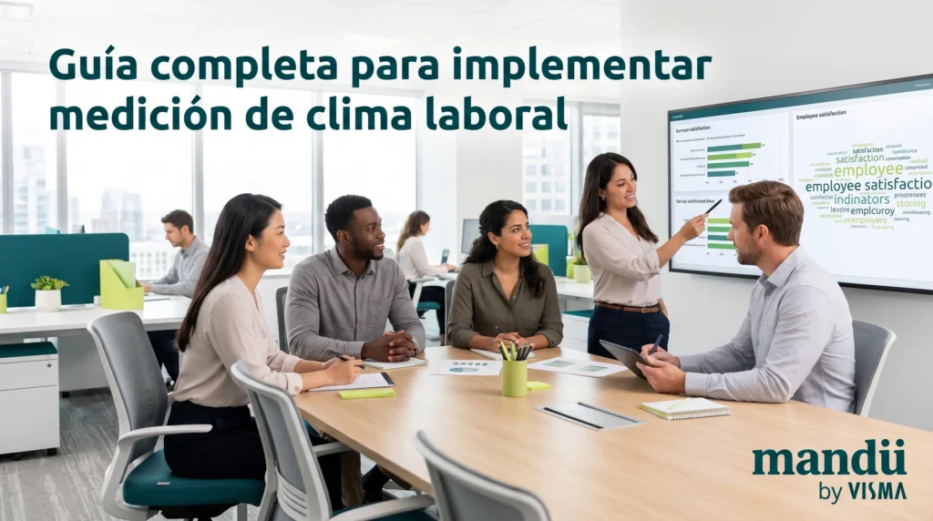 Portada del artículo sobre "Guía completa para implementar medición de clima laboral", con gráficos y datos relevantes.